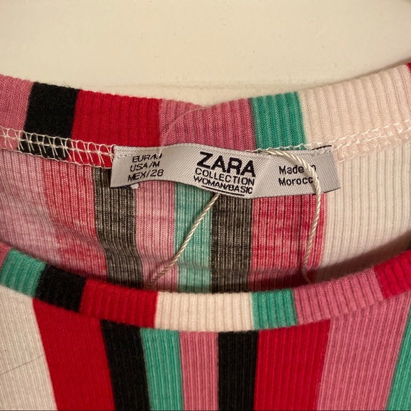 Zara Gathered Striped Ribbed midi dress pink green - Picture 8 of 8